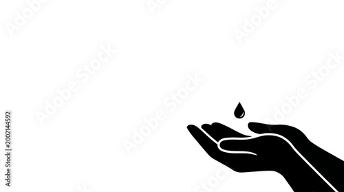 A minimalist black and white illustration depicting cupped hands catching a single precious water droplet, symbolizing conservation and the value of water.