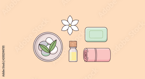 Relaxing spa flat lay: jasmine flower, green soap bar, essential oil bottle, rolled towel, and a bowl with stones and leaves, promoting tranquility.