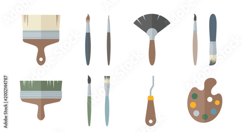 Diverse collection of art brushes and a wooden paint palette, representing creativity, painting, and artistic expression for hobbyists and professionals.