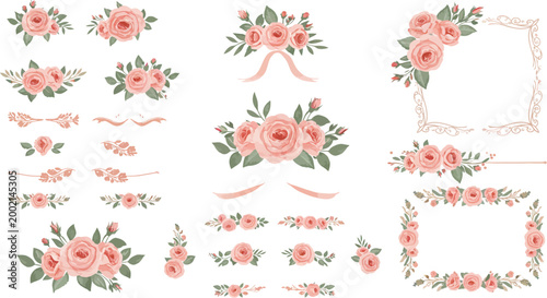 Vintage floral vector seamless pattern featuring a set of pink rose flowers and leaves for wedding card decoration and elegant spring wallpaper art
