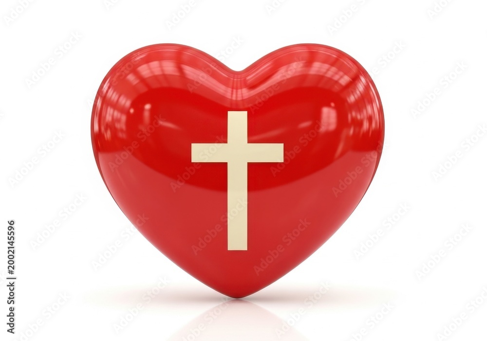 Obraz premium Glossy red heart symbolizing love with a white cross emblem isolated on transparent background