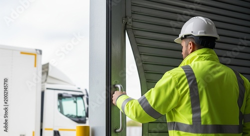 Construction worker in reflective jacket and hard hat opens a large industrial metal roller door