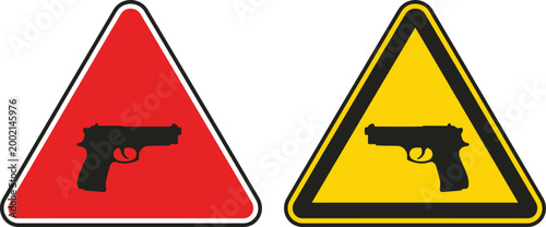 A vector illustration graphic depicting two distinct warning signs, each displaying a black pistol silhouette within a triangular frame, indicating a firearm present.