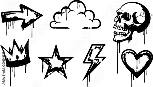 Street art graffiti element set with spray paint effects. Bold icons featuring drips, splashes and grunge textures such as arrow, cloud, skull, crown, star, lightning and heart shapes