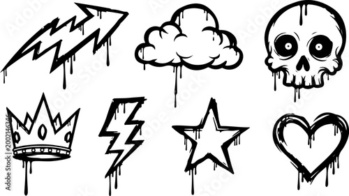 Urban graffiti spray paint element set with street art icons. Collection featuring drips, splatters and grunge textures including arrow, cloud, skull, crown, star, lightning and heart shapes with spra