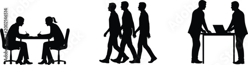 silhouette illustrations of people interacting at desks and walking high quality professional detailed modern elegant stylish clean crisp vibrant colorful digital