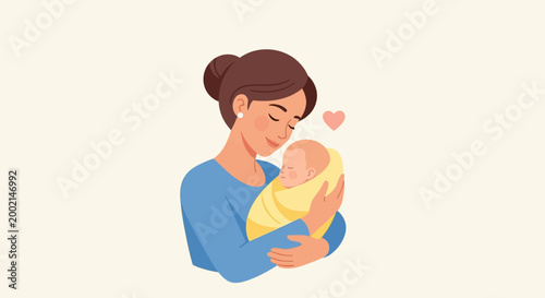 Tender moment of a loving mother embracing her sleeping newborn baby, swaddled in yellow, with a heart symbol representing affection and maternal bond, rendered in a soft, warm, and flat des