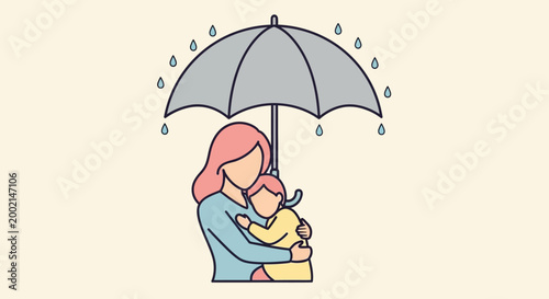 Caring Mother Embraces Child Under Protective Umbrella Shielding From Falling Raindrops Symbolizing Nurturing Love and Safety in a Flat, Modern Design