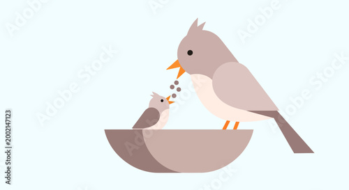 Flat design artwork of a mother bird feeding seeds to her chick in a nest, showcasing parental care and nurturing in a simple, stylized, and heartwarming nature scene.