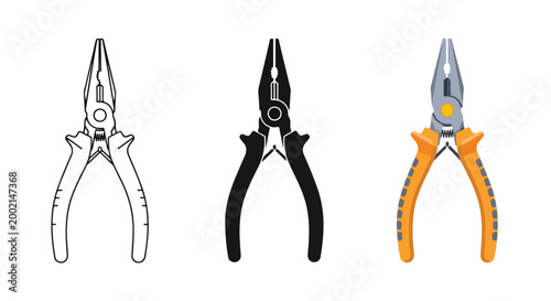 Set of three different colored pliers tools including silver, black, and orange for mechanical or craft work
