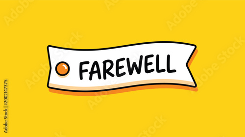 A simple and bold vector illustration graphic design with the word farewell in black text on a white banner