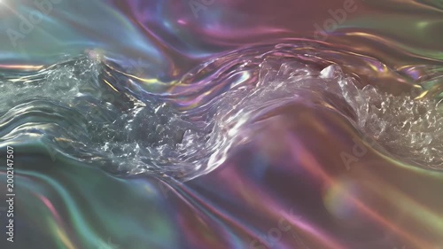 An abstract image showcases flowing, iridescent waves of color, resembling liquid metal or a shimmering fabric, creating a visually captivating and dynamic composition.