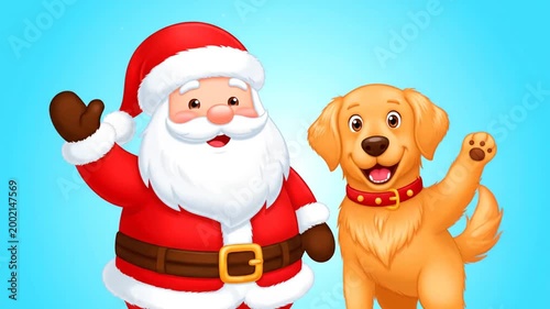 Santa Claus and friendly dog waving together in festive scene
