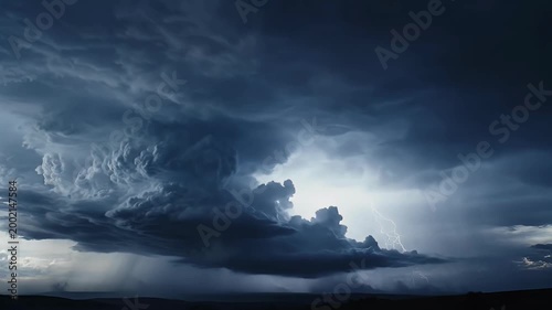 A dramatic and moody landscape showcases a towering cumulonimbus cloud formation dominating a stormy sky, with rays of sunlight breaking through the dense cloud cover.