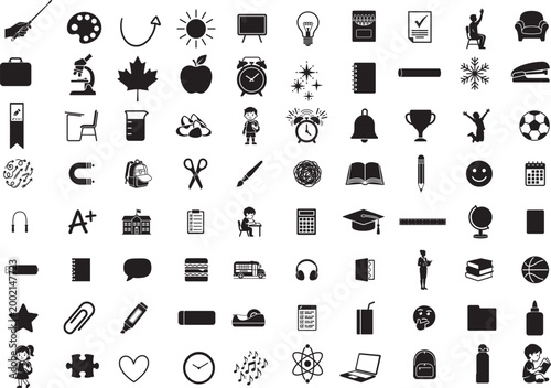 80 Back to School Outline Line Icons Set, Hand Drawn Education Vector Bundle Pack of School Items. Academic, Study, Stationery, Study Tools and Classroom Minimal Objects Illustration Bundle Pack.  