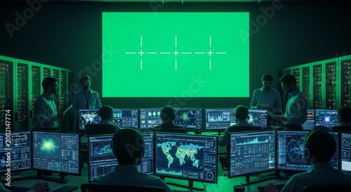 Cybersecurity team in a dark control room with green screen and multiple monitors displaying data