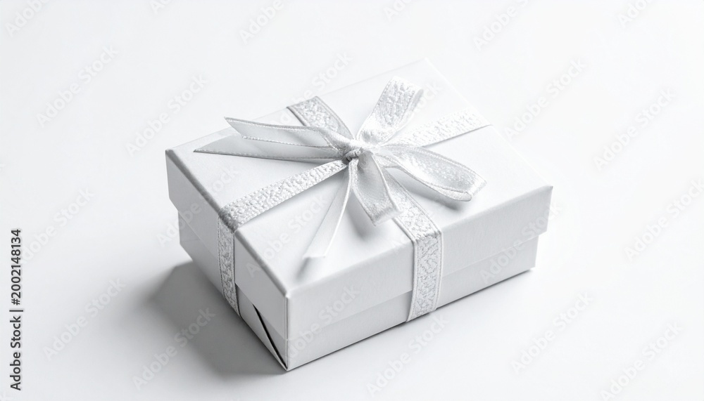 Obraz premium Photorealistic close-up of a simple gift box wrapped with a ribbon, centered in the frame, isolated on a clean empty background, soft studio lighting, minimal composition, sharp focus, high detail