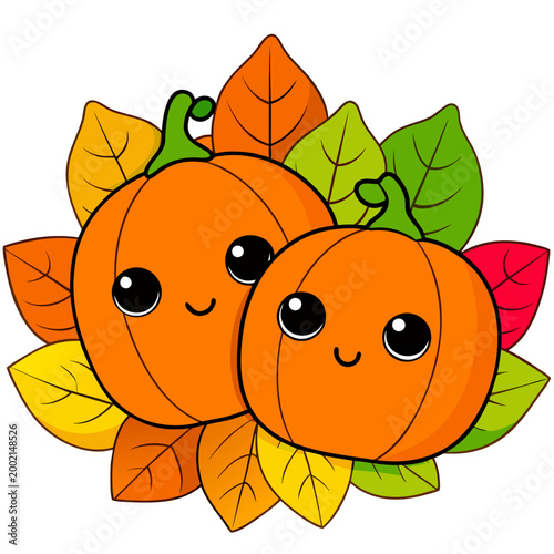 Adorable little pumpkins sitting together on a bed of colorful autumn leaves smiling faces in kawaii style illustration on white background.09