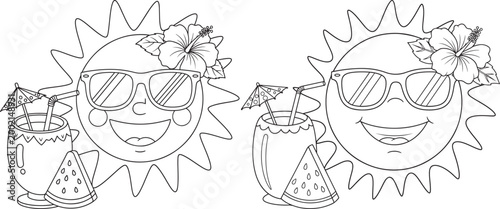 Two cheerful cartoon sun characters wearing sunglasses and hibiscus flowers tropical drinks black and white line art hot weather holiday season sunglasses tropical cocktail vacation