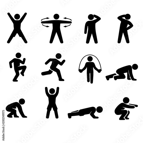 Jumping Jacks, Arm Circles, Neck Stretch, Side Bends, High Knees, Running, Skipping Rope, Mountain Climbers, Burpees, Jump 