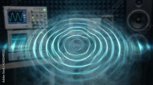 Glowing blue concentric circles emanate from a sound wave in a recording studio with audio equipment