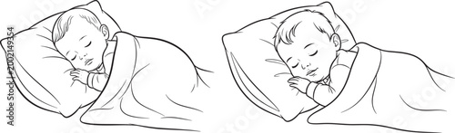 Peaceful newborn babies sleeping soundly on pillows under blankets line art with quiet time day nap black and white coloring book coloring page white background sleeping peaceful relaxation