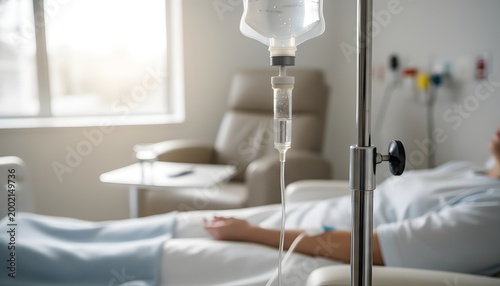 Close-up of an intravenous drip bag with a patient receiving chemotherapy treatment in a bright clinical hospital room for a healthcare and medical recovery concept