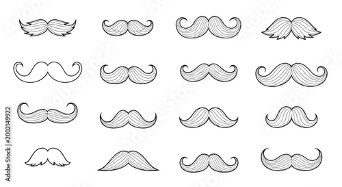 Diverse collection of different mustache styles in black and white including handle-bar, chevron, and walrus designs.