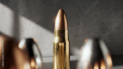 A close-up shot showcases a row of brass bullets against a textured concrete background, highlighting the metallic sheen and precision of ammunition.