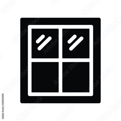 Minimalist glyph black and white illustration of a window with two panes and diagonal lines
