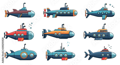 Set of nine colorful submarine icons in different designs and colors are arranged in a grid pattern on a clean white background.
