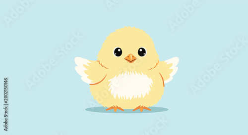 Tiny yellow baby chick with fluffy feathers and large dark eyes looks directly forward on a light blue background in a cute style.