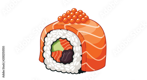 Large piece of sushi roll filled with salmon and vegetables is topped with a generous portion of bright orange fish roe on white.