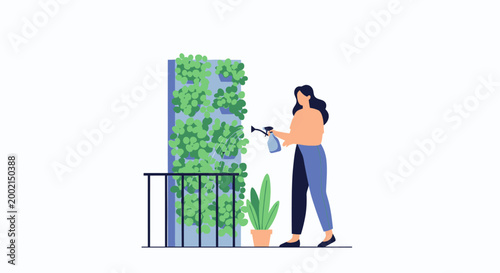 A woman celebrates Earth Day by watering a lush green living wall with a potted plant on a balcony.