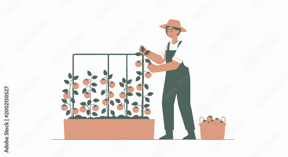 Obraz premium Celebrating Earth Day with a gardener planting trees and flowers in a lush garden on a sunny day outdoors with greenery and a basket.