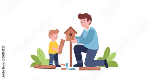 Father and son building birdhouse on Earth Day for sustainability and conservation outdoors together.