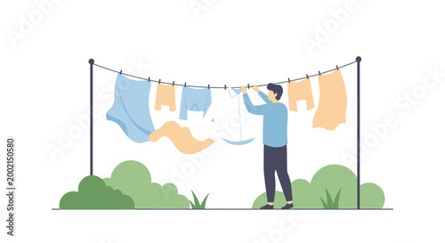 Person hanging clothes on line for Earth Day outdoor activity in garden