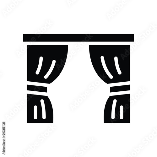 Black and white illustration of a stage with closed curtains, evoking a sense of anticipation and drama