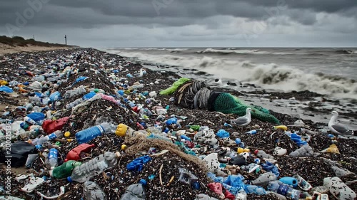 A stark image depicts a beach overwhelmed by plastic pollution, highlighting the detrimental impact of human waste on coastal ecosystems and marine life.