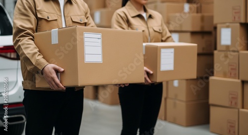 Delivery workers in uniform carrying cardboard boxes in a warehouse, preparing for shipping