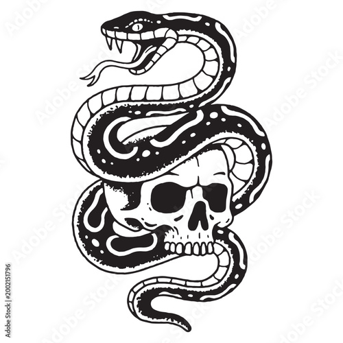 SNAKE WITH SKULL TATTOO BLACK WHITE BACKGROUND