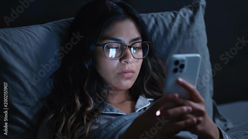 A young woman with glasses lies in bed at night, intently focused on her smartphone screen.