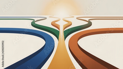 Multiple colorful paths converging and diverging into a bright future with direction decision divergence convergence opportunity abstract progress strategy planning alternatives connection