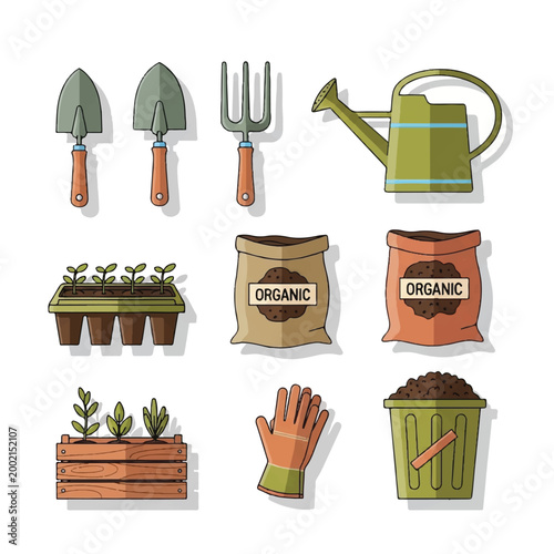 Gardening tools, seedlings, and organic care items arranged for home gardening projects.