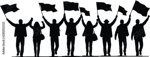 Crowd of people waving black flags in silhouette united in protest