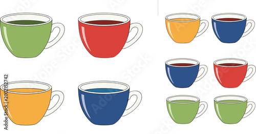 Colorful Coffee Cups Set with Hot Beverages in Different Sizes for Cafe Menu, Drink Illustration, and Kitchenware Design Collection