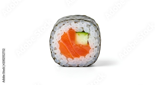 Delicious salmon sushi roll on white background