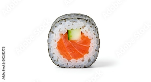 Delicious salmon sushi roll with rice and cucumber on white background