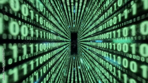A mesmerizing perspective tunnel filled with cascading streams of binary code, symbolizing the digital world and data flow.