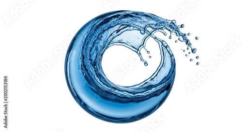 3d water droplet splash in blue swirl vortex isolated on white background
